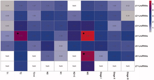 Figure 6. Kaplan–Meier survival analysis of different clustering algorithm. Each square is the risk score of clustering algorithm of 11 lncRNAs. Domains in red (marked with stars) represent the significant influences on the prognoses with p value < .05. The right ordinate is the gene model of each gene group; the horizontal ordinate is the classification according to the TNM.
