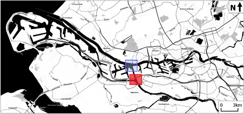 Figure 2. Research areas in the Port of Rotterdam (Oude Maas–Nieuwe Maas intersection (striped square) and Oude Maas–Hartelkanaal (plain square)).