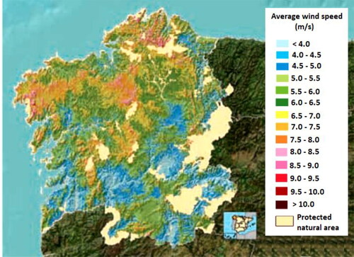 Figure 2. Average wind speed and protected natural areas in Galicia. Source: Own elaboration. Data from (IDAE, Citation2021).