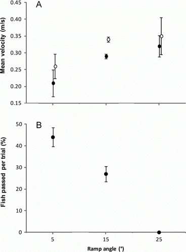 Fig. 2  A, Mean (±SE) velocity measured at 5°, 15° and 25° slope on the ramp (○) and in pools (•) in the experiments. B, Proportion (%) of juvenile īnanga passing the ramp at 5°, 15° and 25° angles with one pool.