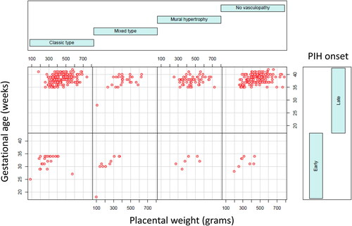 Figure 5. Correlation in aggregates of placental weight, gestational age and various types of decidual vasculopathy in patients with preeclampsia including early onset and late onset preeclampsia using conditioning plot (R-statistics package). Classic type n = 198, mural hypertrophy n = 59, mixed type n = 37, no vasculopathy n = 157. Details of specific type of vasculopathy and placental weight correlation is shown in the subsequent figures and tables.
