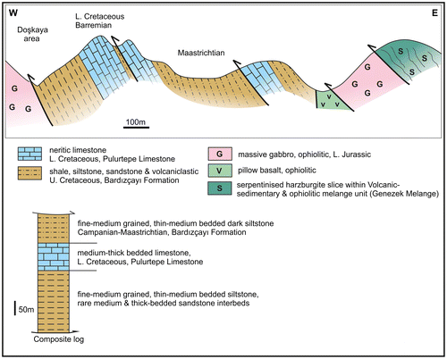 Figure 29. Cross-section and sedimentary log of Jurassic–Cretaceous sedimentary succession within imbricate thrust sheets to the SE of the Kırdağ massif (see Figure 18 for location). In general, Early Cretaceous neritic limestones and siltstones/mudrocks are overlain by Upper Cretaceous volcanogenic siltstone and fine-grained sandstones.