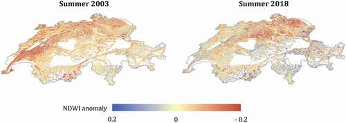 Figure 12. Mean Seasonal NDWI absolute anomalies for the years 2003 and 2018 compared to the entire summer studied (1984–2019) across Switzerland