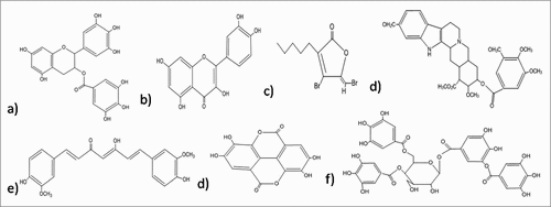 Figure 2. Structures of the anti-biofilm molecules that inhibit AHL-mediated quorum sensing. (a) EGCGCitation263, (b) QuercetinCitation264, (c) Synthetic halogenated furanoneCitation265, (d) ReserpineCitation266, (e) CurcuminCitation267, (f) Ellagic acidCitation268, (g) Tannic acidCitation269.
