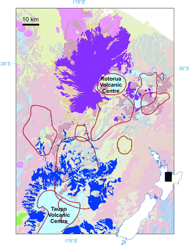 Figure 4  The mapped extent of thick deposits of the Mamaku Plateau Formation (magenta) that erupted from the Rotorua Volcanic Centre at c. 240 ka and that of the widespread c. 27 ka Oruanui Formation (blue) erupted from the Taupo Volcanic Centre, are highlighted from the Rotorua QMAP GIS data (after Leonard et al. Citation2010).