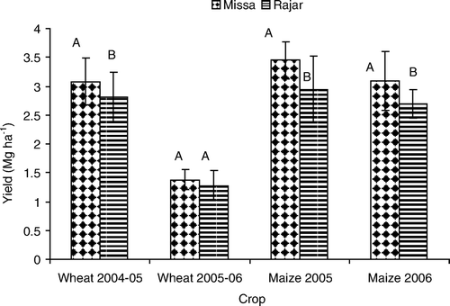 Figure 3.  Influence of soil series on the grain yield of wheat and maize. Vertical lines above each bar show standard deviation. Different uppercase letters indicate significant difference between the treatments at a level of P <0.05.