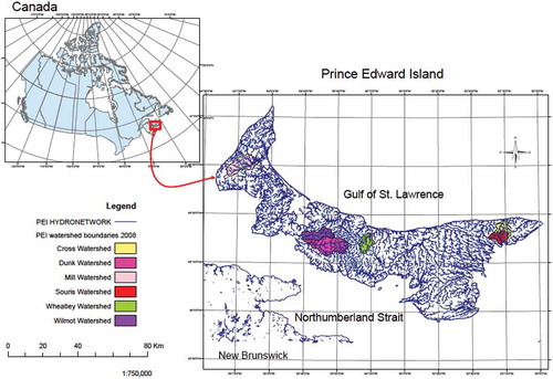 Figure 1. Locations and boundaries of the study watersheds on Prince Edward Island, Canada.