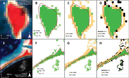 Figure 6. Examples of CLASlite fraction outputs derived from Landsat-8 data, with EoV shoreline polygon from high resolution data (A-D: Tepuka, E-H: Telele-Motusanapa).A&E: False color composite of Landsat-8 bands. B&F: Pixels with PV fraction value equal or higher than 75% were selected. C&G: Pixels with S fraction value equal to 100% were taken out. D&H: Pixels with RMSE equal or higher than 9 (out of 10) were removed.