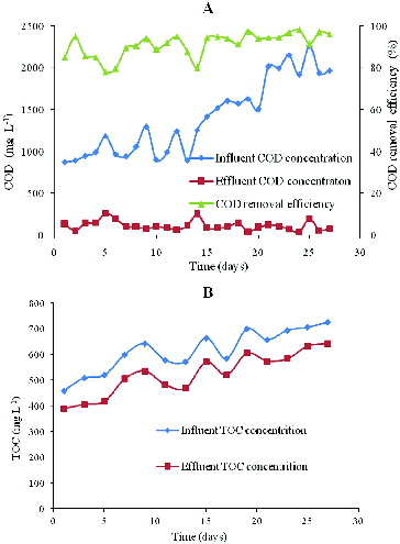 Figure 3. COD (a) and TOC (b) removal performance in UASB.