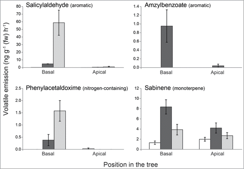 Figure 2. Specific emission of individual volatiles from the experiment described in Fig. 1. Volatile compounds that most discriminate between caterpillar- (Lymantria dispar) and beetle- (Phratora vulgatissima) damaged black poplar foliage (as determined by Random Forest analysis, Table 1) were chosen. White bars = control; black bars = caterpillar damaged; gray bars = beetle damaged. Bars represent means ± SEM.