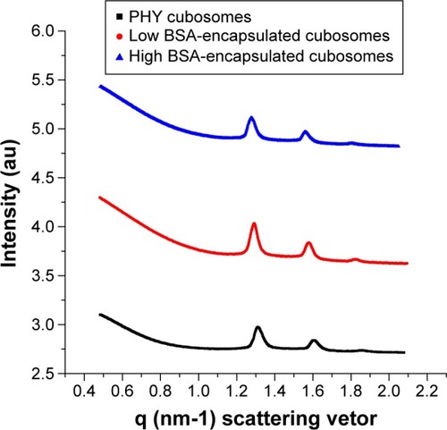 Figure 2 Small-angle X-ray scattering diffraction patterns of the phytantriol/F127/PG cubosomes which displayed typical Pn3m periodicity space group with 2, 3, and 4 Bragg reflections observed from plain cubosomes (black curve), low BSA-encapsulated cubosomes (red curve, drug versus lipid mass ratio: 1:4), and high BSA-encapsulated cubosomes (blue curve, drug versus lipid mass ratio: 1:2).Abbreviations: BSA, bovine serum albumin; PHY, phytantriol; PG, propylene glycol.