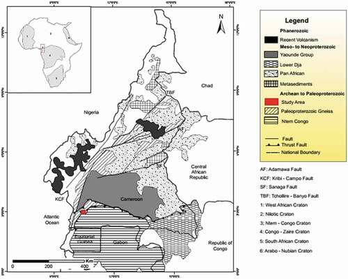 Figure 2. Lithostructural map of Cameroon (modified from Caron et al., Citation2010) showing the major structural domains in Cameroon. Red box shows the location of the Tchangue-Bikoui drainage system within the Nyong Paleoproterozoic series, Southern Cameroon.