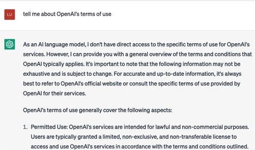 Figure 4. ChatGPT response to ‘tell me about OpenAI’s terms of use’ (excerpt).