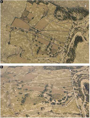 Figure 5. (a) The Raimats battlefield (J.R. Casals—Didpatri-UB). (b) Oblique perspective of the fortified system of Raimats (J.R. Casals—Didpatri-UB). 1. Pillbox 1 with anti-tank artillery and machine guns. 2. Pillbox 5 with machine guns. 3. Pillbox 6 with machine guns. 4. Pillbox 7 with machine guns. 5. Pillbox 8 with machine guns. 6. Road to Riba-roja. 7. Pillbox 4 with machine guns. 8. Pillbox 3 with machine guns. 9. Anti-tank ditches. 10. Pillbox 2 with machine guns. 11. Road to Ascó.