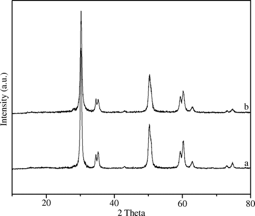 Figure 3.  PXRD patterns of borate zirconia catalyst: (a) 15 mol% B2O3/ZrO2, and (b) 30 mol% B2O3/ZrO2 calcined at 650°C.