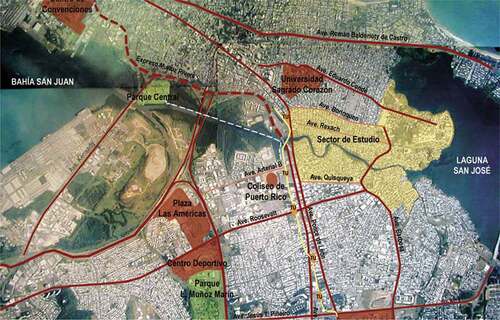 Figure 1. The Caño de Martín Peña Special Planning District in yellow, indicating the strategic location of the District in San Juan Metropolitan area. Source: Proyecto ENLACE del Caño Martín Peña.