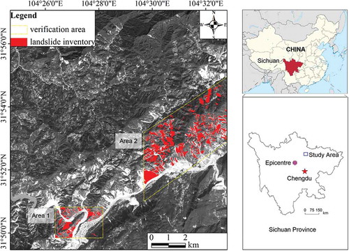 Figure 10. SPOT5 image shows location of the study area. Yellow polygons (area 1 and area 2) show landslide inventory mapping interpreted from the aerial photographs. The two areas are used to illustrate the performance of the approach.