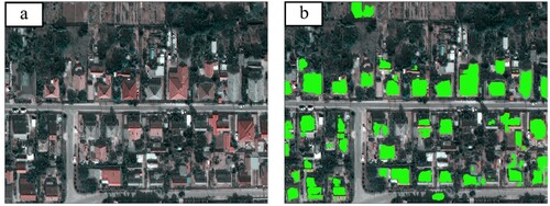 Figure 7. Segmentation result based on the combination of all available training data (23O-P90-3). (a: original image; b: segmentation result; first and last tags of the labels: 2 = WorldView-2, 3 = WorldView-3, O = Orthophoto, second tag = Number of training image used for the prediction before augmentation).