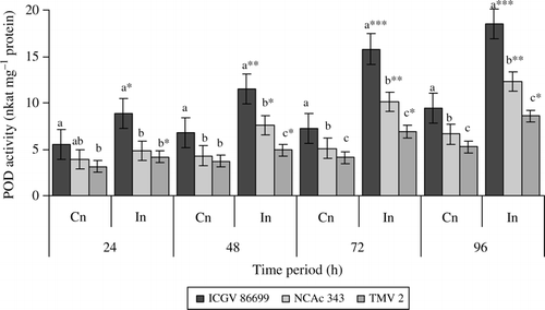 Figure 1.  Peroxidase activity (nkat mg–1protein) of three groundnut genotypes after H. armigera infestation. Note: *Bars indicate the levels of statistical significance between control and infested plants within a germplasm at each time interval. *, **, ***=significance at P≤0.05, P≤0.01, and P = 0.001, respectively, by students t-test. Bars with the same letter (s) in a treatment within a time interval are not significantly different at P≤0.05. FW, fresh weight of leaf tissue; Cn, control plants; In, plants infested with H. armigera; n, 10 for each genotype.