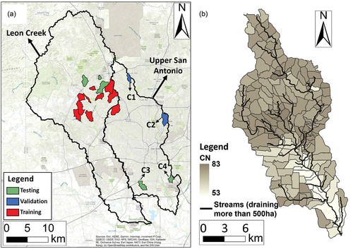 Figure 2. (a) UPSA watershed with cGAN-Flood training, validation and testing areas; and (b) streams, sub-catchments and CN values.