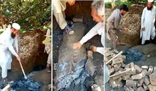 Figure 2. Two stills from a video showing construction labourers in Mardan unearthing and proceeding to destroy a statue of the Buddha. From Facebook (public domain).