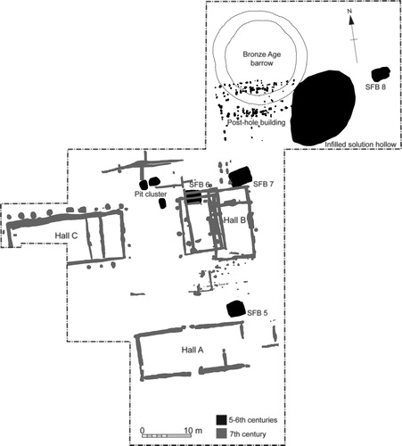 fig 3 Plan of Tayne Field excavations showing features relating to the two main phases of Anglo-Saxon occupation. Illustration by Lyminge Archaeological Project.