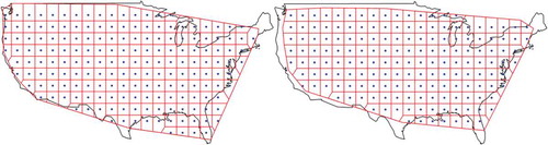 Figure 5. Temperature (left) and precipitation (right) Thiessen polygons for each grid centre point (dot) for the GISS-E2-H model within the convex hull of the stations.