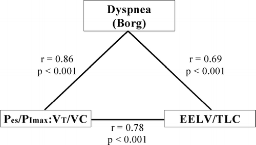 Figure 5 Significant intercorrelations between dyspnea intensity, neuromechanical dissociation and hyperinflation. Dyspnea, as assessed by the Borg scale, correlates significantly with the effort-displacement ratio (which is given by the ratio of Pes/PImax:VT/VC, where Pes is esophageal pressure, PImax is the maximal inspiratory pressure, VT is tidal volume, and VC is vital capacity) as an index of neuromechanical coupling. Dyspnea intensity is also significantly predicted by hyperinflation, as assessed by the end-expiratory lung volume (EELV) as a proportion of total lung capacity (TLC). The effort-displacement ratio and hyperinflation are also strongly correlated. From O'Donnell DE, Bertley JC, Chau LK, Webb KA. Am J Respir Crit Care Med 1997; 155:109–115 and adapted from Mahler DA, O'Donnell DE (eds). Dyspnea: Mechanisms, Measurement, and Management, 2nd edition. Lung Biology in Health and Disease Series, Volume 208, Chapter 3. New York: Taylor & Francis Group, 2005; pp. 29–58, used with permission.
