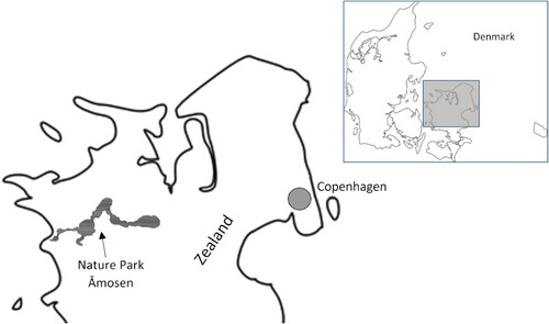 Map 1. Åmosen Nature Park is located an hour’s drive from Copenhagen, between Holbæk, Kalundborg, and Sorø Municipalities.