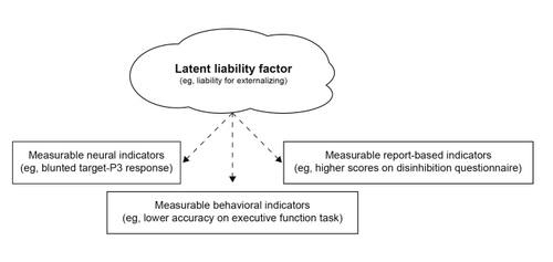 Figure 3. Depiction of the relation of liability to its indicators. Here, liability is conceptualized as a latent (unobservable) predisposition to some form of psychopathology (eg, externalizing problems). This latent factor can be operationalized and measured through observable indicators from different modalities, including neural (eg, blunted target-P3 response), behavioral (eg, lower accuracy on an executive function task), and report-based indicators (eg, higher scores on a questionnaire assessing disinhibition). See ref 37 for further discussion of the relations between latent constructs and observable indicators.