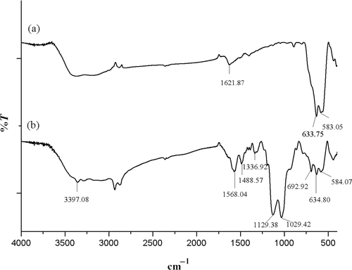 Figure 2. FT-IR spectra of magnetite and magnetite coated with 3-APTS.
