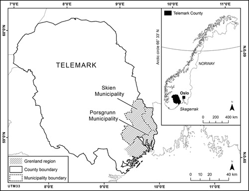Fig. 1. Location of Skien Municipality, Porsgrunn Municipality and the Grenland region in the county of Telemark, Norway