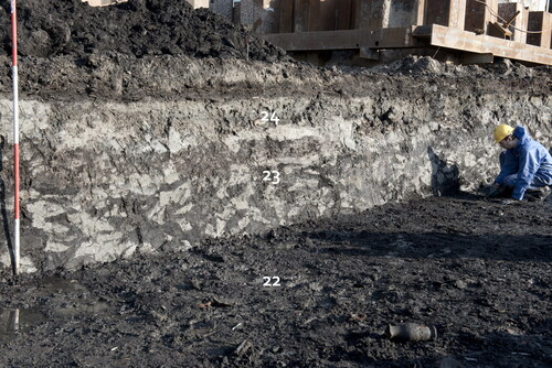 FIG. 6 Phases of fill used to make the land under the city bargemaker’s wharf at Oostenburg in 1660–1663: (22) top of the stratum of sand with city refuse, sealed by (23) the deposit of clay and peat chunks, capped with (24) clay (photograph, Ranjith Jayasena, Monuments and Archaeology, City of Amsterdam). 