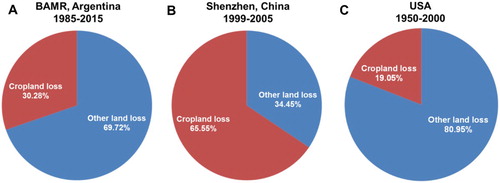 Figure 7. Comparison of cropland loss due to urbanization between different cities. (A) Cropland loss during urban expansion from 1985 to 2015 in BAMR, Argentina. (B) Cropland loss during urban expansion from 1999 to 2005 in Shenzhen, China. (C) Cropland loss during urban expansion from 1950 to 2010 in USA.