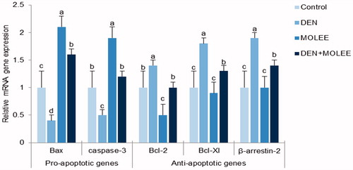 Figure 5. Effect of MOLEE and DEN on the mRNA levels of Bcl-2, Bcl-XL, Bax, caspase-3 and β-arrestin. The mRNA levels were quantified with GAPDH as an internal control. The data were presented as the mean ± S.E. Columns with different letters are significantly different (P < 0.05).