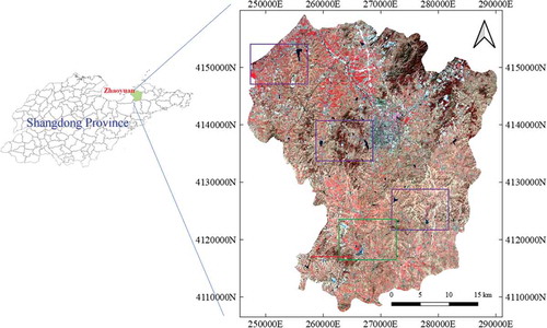 Figure 2. The study area in the north-eastern region of Shandong Province, China. The right-hand section presents an overview of the Landsat OLI image acquired on 31 March 2017, with a near-infrared-blue-green band composition. The purple and green boxes, and red line indicate comparison regions and location for further discussions