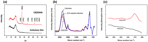 Figure 3. (a) XRD patterns and (b), (c) FTIR absorption spectra of CEZOHN and cellulose film.
