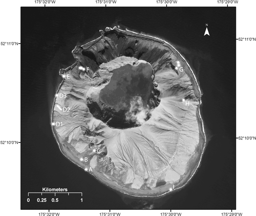 Figure 3 Map of sites post-eruption 12–14 June and 10, 12 August 2009. Sites are coded A–I as referenced in Table 2 and the text.