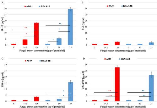 Figure 11 Production of cytokines IL-1β (A), IL-6 (B), TNF-α (C), and GM-CSF (D) in the A549 and BEAS-2B cells after 24-hour contact with different concentrations of the E. convolvuli extract. C – negative control cells (not treated with the fungal extract). * -statistically significant difference compared between groups (one-way ANOVA with Tukey’s post–hoc multiple comparison test), *P≤0.05; **P≤0.01. Data are representative of three independent samples.