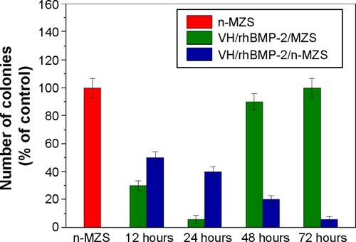 Figure 6 The number of viable bacteria on the sample surfaces was counted and normalized to the counts of n-MZS (control).Abbreviations: MZS, magnesium–zinc–silicon; n-MZS, nanoporous magnesium–zinc–silicon; rhBMP-2, human bone morphogenetic protein-2; VH, vancomycin hydrochloride.