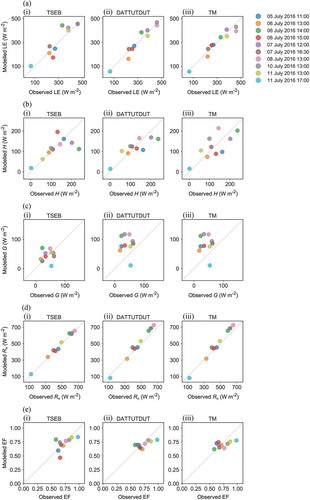 Figure 4. Comparison of modelled and observed energy fluxes and evaporative fraction for the TSEB (0.5 m), DATTUTDUT (5 cm), and Triangle Method (TM) (5 cm) model. The observed data represents the EC data closed with the Bowen ratio method. The colours indicate the time and date of the UAS flights. The grey dashed line marks the 1:1 line.