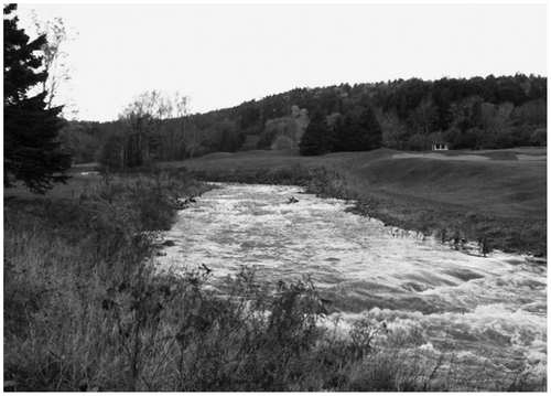 Figure 29 A typical riffle-pool segment of the restored Dickson Brook restoration project in Fundy National Park. The 20 m3/s flood discharge is contained in the channel to avoid erosion of the banks next to a golf green.