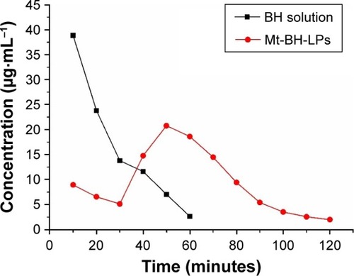 Figure 16 Concentration–time curve in the cornea/tear-film compartment after topical application of BH solution and Mt-BH-LPs.Abbreviations: Mt-BH-LPs, montmorillonite–betaxolol hydrochloride liposomes; BH, betaxolol hydrochloride.