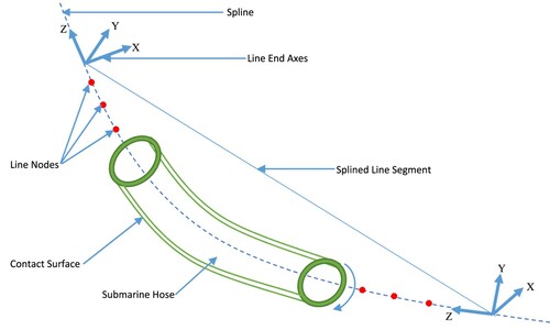 Figure 5. Submarine hose segment showing spline line and nodes. (This figure is available in colour online.)