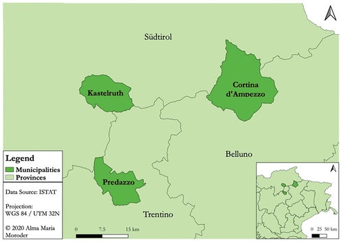 Figure 1. Political borders around the three study regions: Kastelruth in the Province of South Tyrol, Cortina d’Ampezzo in the Province of Belluno and Predazzo in the Province of Trentino.