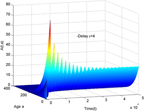 Figure 6. The surface of alcoholics A(t,a) versus time t and age a with the initial condition (50,20e−0.5a,4), when τ=4<τ0.