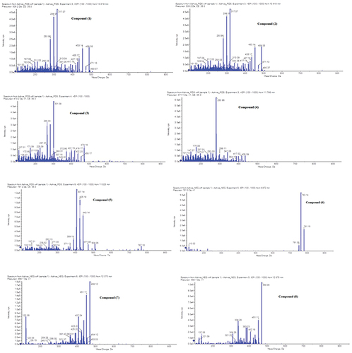 Figure 1. LC-ESI-MS spectra of the withania somnifera L root extract with the proposed fragmentation of the compounds.