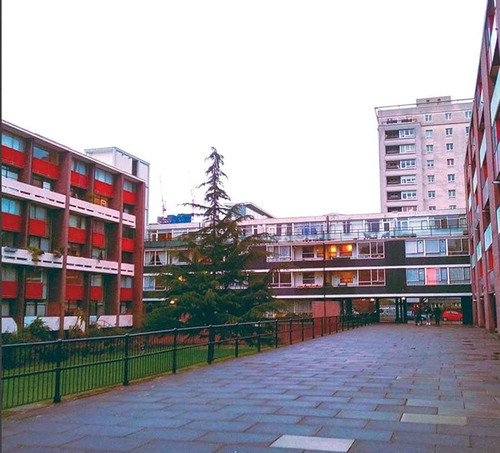 Figure 2. Chamberlin Powell & Bon—Basterfield House and Stanley Cohen House, Golden Lane Estate, Central London (1952–1962)—photograph by João Cunha Borges.