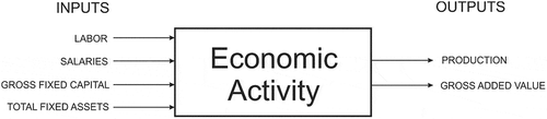 Figure 3. Schematic representation of an economic activity as a DMU based on its multiple input and output variables.