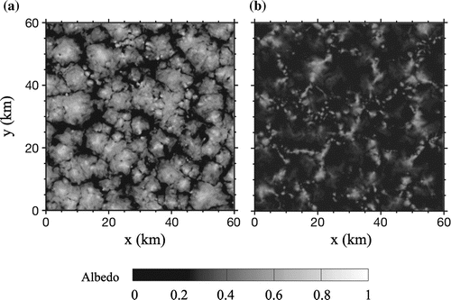 Fig. 12. A snapshot of cloud albedo associated with (a) closed and (b) open cellular structures simulated with LES. The two simulations only differ in the initial concentration of aerosol with a high concentration favouring non-precipitating clouds in (a) and a low concentration favouring drizzle in (b) – adapted from Feingold et al. (Citation2010), © Copyright 2010 Nature.